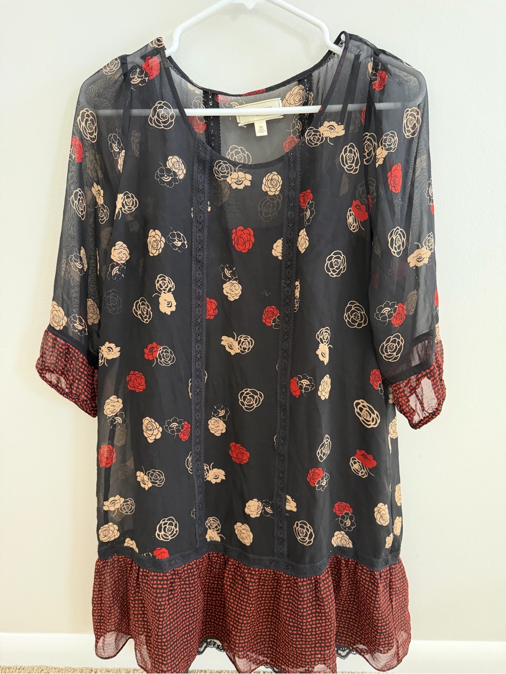 Moulinette Soeurs Black Mini Dress with Red & Cream Floral Print